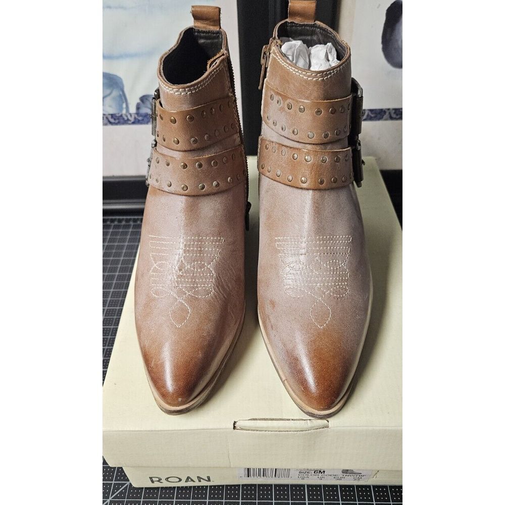 ROAN by BED STUD ville tan‎ white ankle boots US size 6M stud buckles zipper